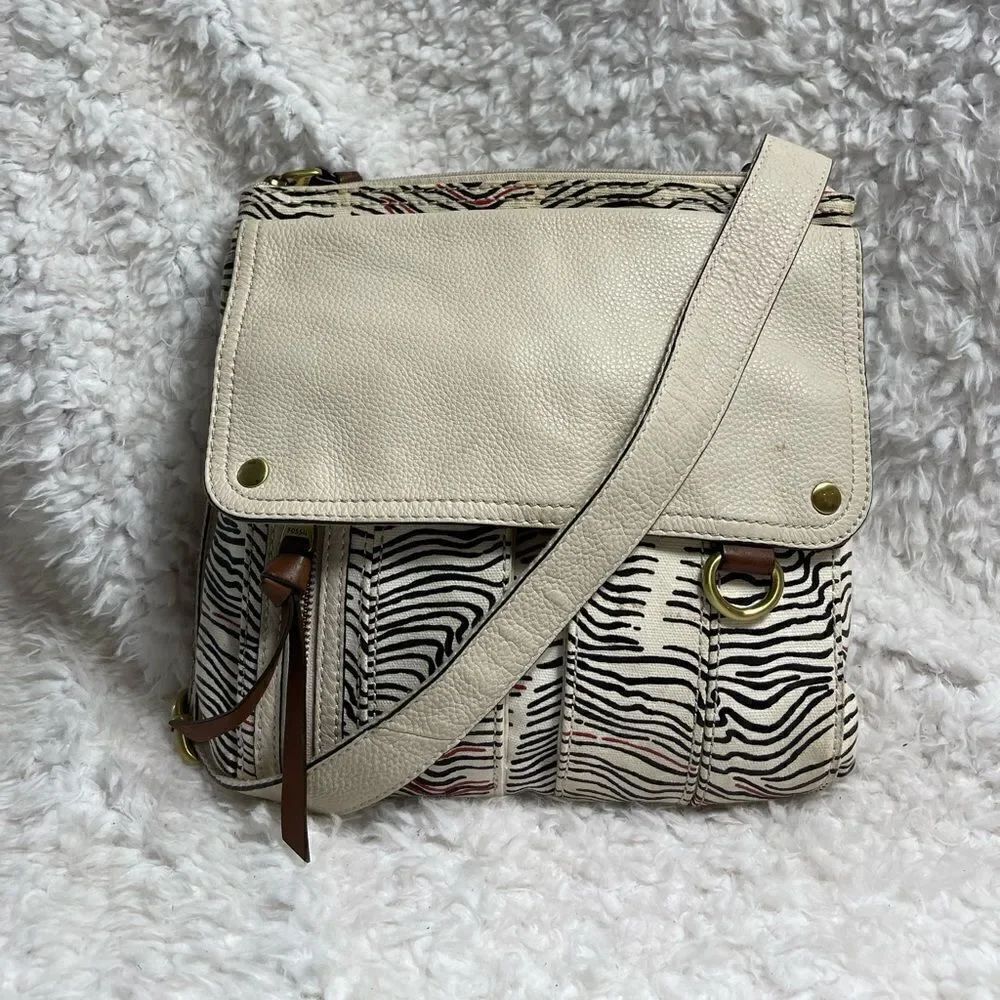 Fossil Morgan Messenger bag canvas beige,red &black stripes beige leather trims